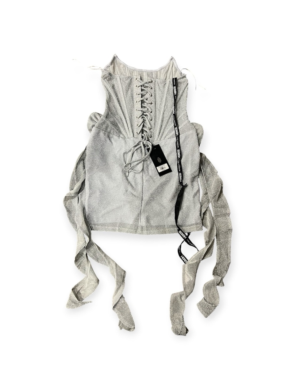 Heiress Beverly Hills Silver lurex corset drape mini dress with flowers size L - Picture 3 of 6